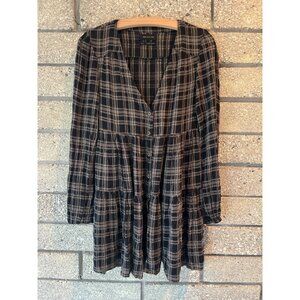 Urban Outfitters XS Black & Beige Plaid Button-Up Tiered Babydoll Dress Long Sle